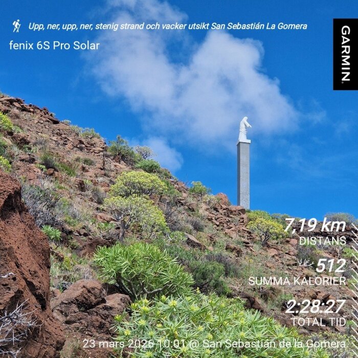Kulle med växtlighet och en staty på en pelare mot en blå himmel, med text om en löprunda på San Sebastián La Gomera.