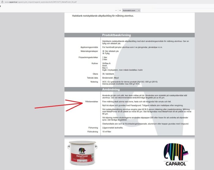Produktbeskrivning av rostskyddande alkydlackfärg från Caparol, med rekommendationer för ytförberedelse vid målning av järn och stål utomhus.