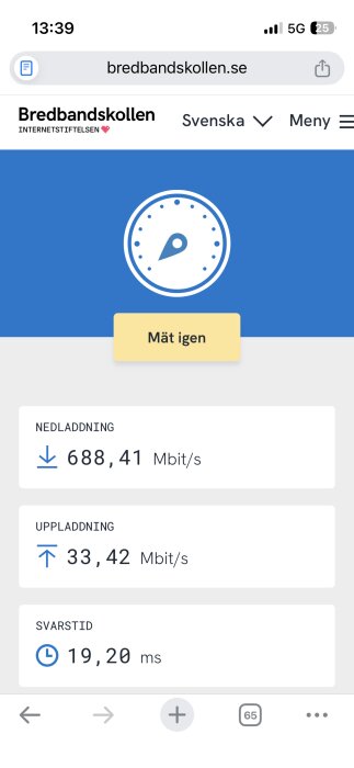 Bredbandskollen-resultat: Nedladdning 688,41 Mbit/s, uppladdning 33,42 Mbit/s, svarstid 19,20 ms, test genomfört i Nynäshamn.