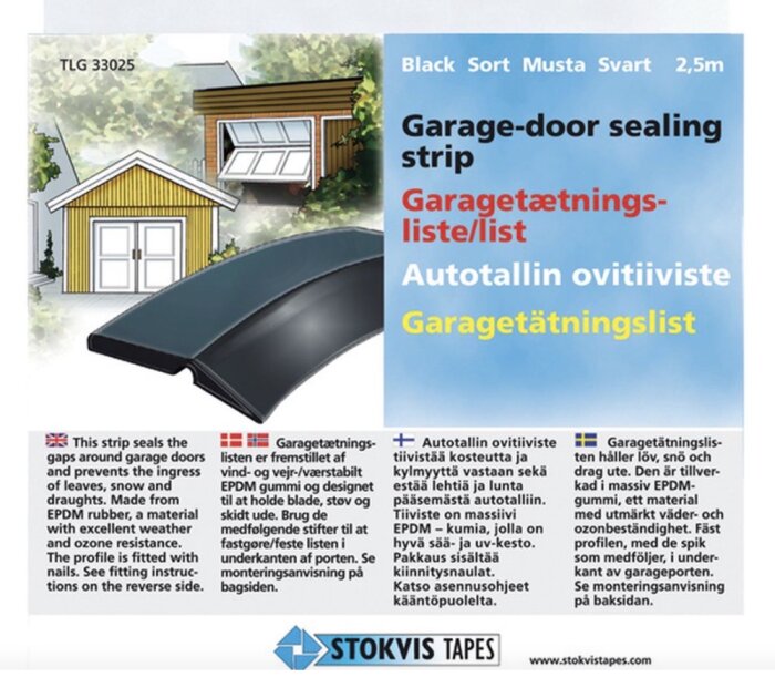 Förpackning av svart garagetätningslist, 2,5 m, av EPDM-gummi med instruktioner på flera språk. Används för att täta garageportar och skydda mot väder.