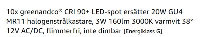 10 pack LED-spotlights 3W, 160lm, 3000K, ej dimbara, ersätter 20W GU4 MR11 halogen. 12V AC/DC, flimmerfri, energiklass G.