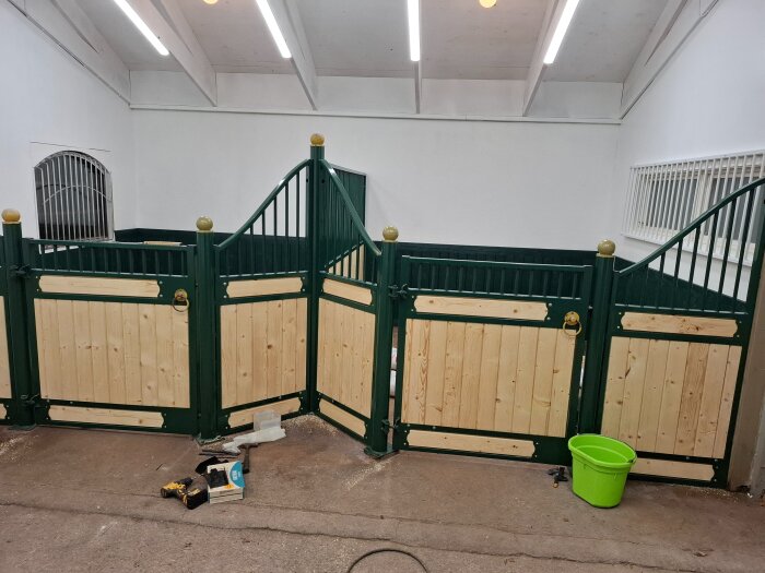 Nyrenoverad hästbox med gröna detaljer och träpaneler, sett i ett stall med betonggolv och vitmålade väggar. Verktyg och en grön hink syns på golvet.