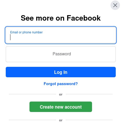 Facebooks inloggningssida med fält för e-post och lösenord, en knapp för att logga in, och alternativ att skapa nytt konto.