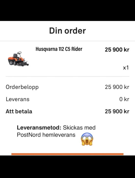 Beställningsbekräftelse för en Husqvarna 112 C5 Rider, pris 25 900 kr, med leverans genom PostNord.