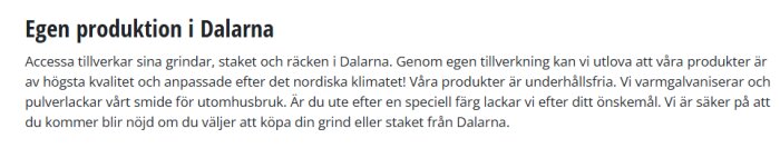 Egen produktion i Dalarna" med text om Accessas grindar och staket tillverkade i Dalarna, inklusive kvalitetsgarantier och specialanpassning.