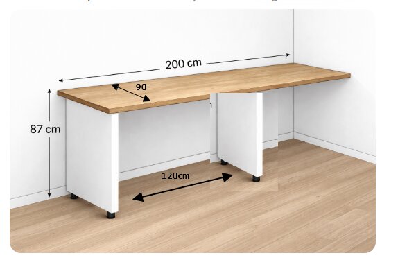 Bänk av trälaminat på vita sidor med justerbara ben. Måtten är 200 cm lång, 87 cm hög, med 120 cm mellan benen och ett djup på 90 cm.