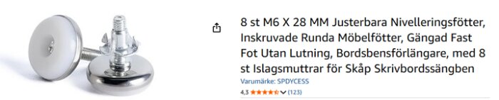 Justerbara möbelfötter i metall med inskruvad design, gängade för stabilitet, visas med tillhörande muttrar, lämpliga för skåp eller bord.