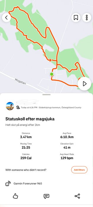 Karta över löprunda på 3,47 km i Söderköping med statistik från Garmin Forerunner 965, inklusive distans, tid, kalorier och medelpuls.