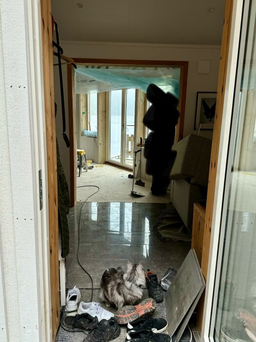 Ny dörröppning inomhus visar renoverad passage med en katt bland skor och verktyg.