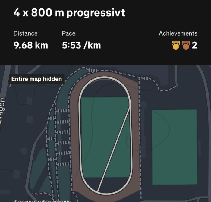 Löpstatistik för 4x800 m progressivt pass, tot. distans 9,68 km med tempo 5:53/km, visad på en karta över en löparbana med dolda detaljer.