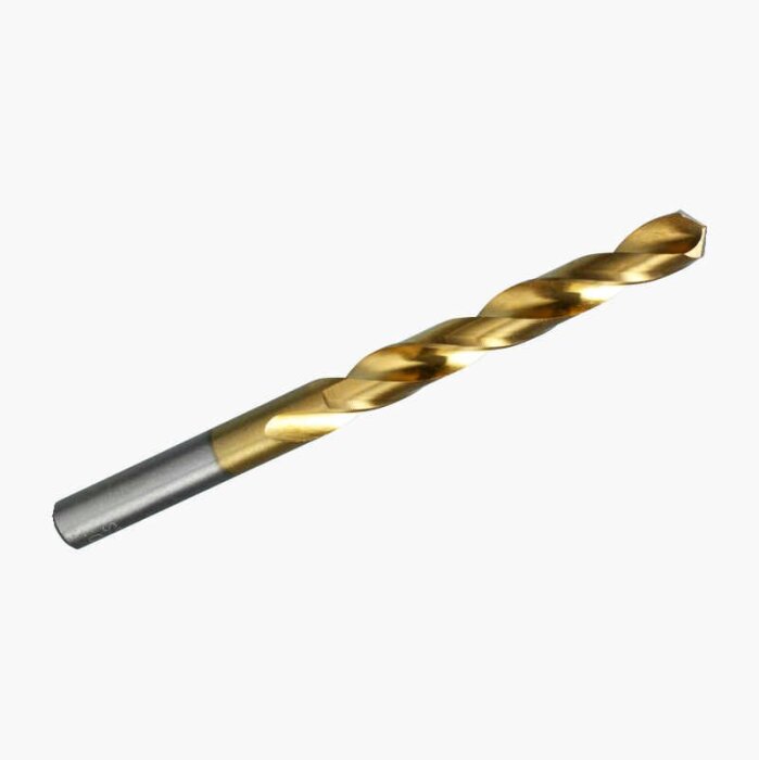 Guldfärgad spiralborr för trä eller metall med silverfärgad bas, används för att borra hål, svår att centrera i större hål enligt inlägget.