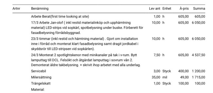 Faktura med specifikation av arbete och kostnader för elinstallation, inklusive servicebil, milersättning och trängselskatt.