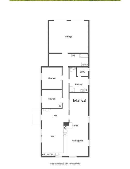 Planskiss över ett hus med garage, hall, kök, vardagsrum, matsal, sovrum, badrum och bastu. Matsalen har glasvägg mot korridoren.