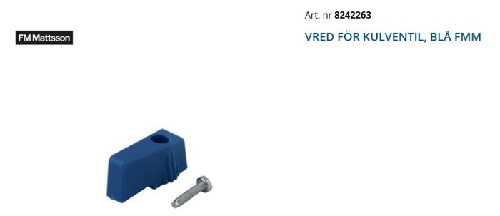 Blå vred för kulventil från FM Mattsson, art.nr 8242263, inkluderar en skruv.