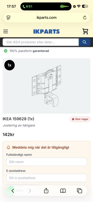 Illustration av ett justerbart IKEA-hängarfäste. Texten visar artikelnummer och prisinformation, samt att produkten är slutsåld.