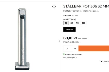 Ställbar fot av zamak för infällning i panel, artikelnummer 600994, pris 68,10 kr inkl. moms.