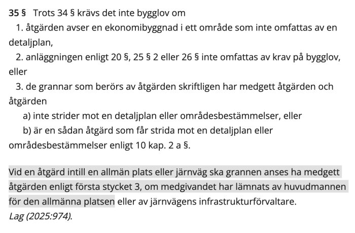 Utdrag ur svensk lagtext om bygglov och grannars medgivande vid åtgärder nära allmän plats eller järnväg.