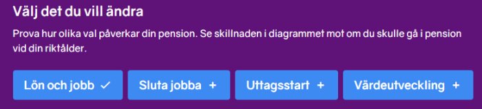 Pensionskalkylator med val för lön, sluta jobba, uttagsstart och värdeutveckling på en lila bakgrund.