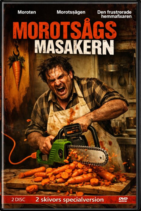 Man sågar morötter med motorsåg, iklädd förkläde, med ilsken min. Morot dekorerar väggen, och bitar av morötter flyger runt. DVD-omslag.