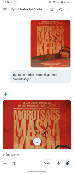 Filmomslag för "Motorsågsmassakern" med textförslag att ändra "motorsågs" till "morotssågs" på en skärm.