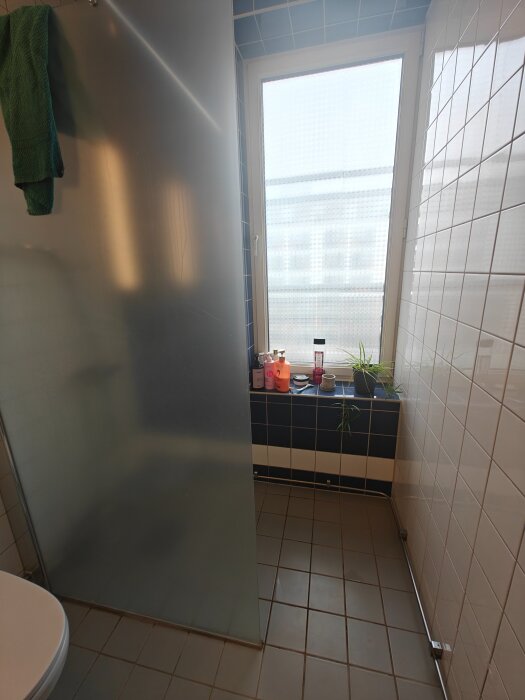 Dusch med glasvägg, synlig springa mot golv, problem med vattenläckage och mögel, fönster med ljusinsläpp, kaklade väggar i badrummet.