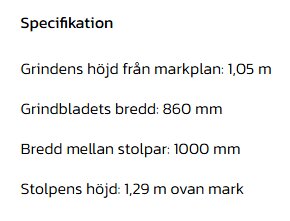 Specifikation för aluminiumgrind: Höjd 1,05 m, grindbladets bredd 860 mm, bredd mellan stolpar 1000 mm, stolpens höjd 1,29 m ovan mark.
