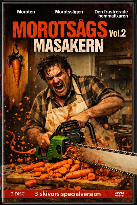 En person använder en motorsåg på morötter i ett kök med kraftfull uttryck. Filmparodi av "Motorsågsmassakern" med morötter.