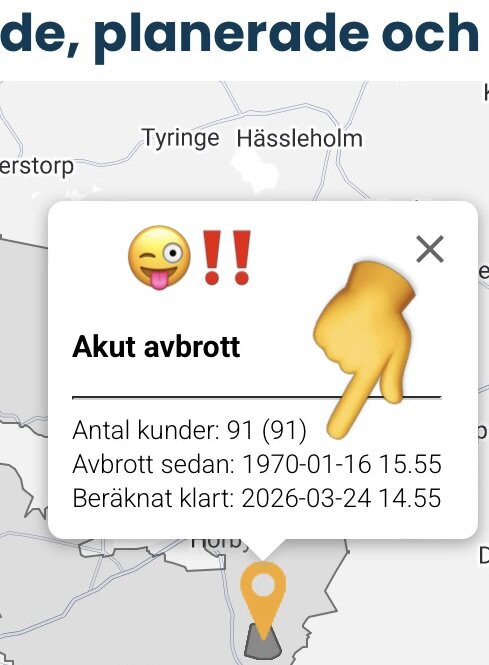 Karta med meddelande om akut avbrott. 91 kunder berörda. Avbrott startade 1970-01-16 och beräknas klart 2026-03-24. Markör visar plats i Skåne.