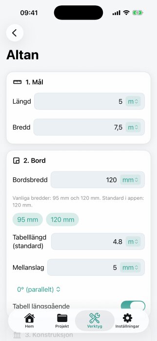 Skärmbild av en app med verktyg för altandimensionering, visar inmatning av längd, bredd och bordsbredd i meter och millimeter.