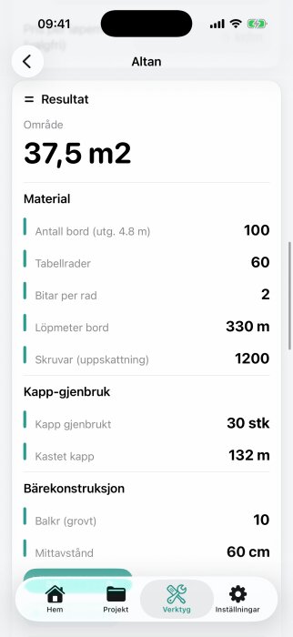 Skärmbild av en app som visar en altankalkylator med resultat för materialberäkning, inklusive antal brädor och löpmeter för ett område på 37,5 m2.