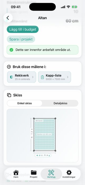 Skärmdump av BuildWise-appen som visar altankalkylatorn med layout och mått för brädor och strukturer, samt knappar för att lägga till i budget och spara projekt.