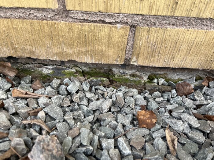 Husgrund med vittrat murbruk, algpåväxt och singel på marken, samt löv på husets norrsida.