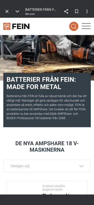 FEIN-batterier och verktyg i arbete med metall, visande gnistor. Text beskriver batteriernas robusthet och kompatibilitet med AMPSHARE.