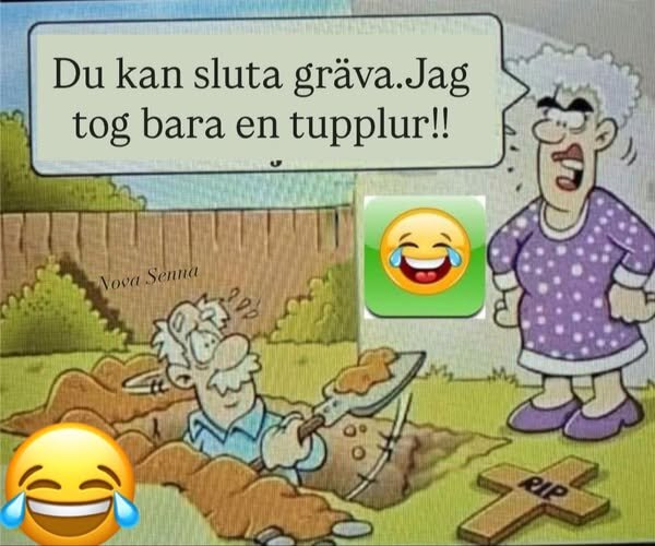 Tecknad humorbild med en man som gräver en grav, medan en kvinna säger att hon bara tog en tupplur. Lämplig bakgrundsmiljö och emojis.