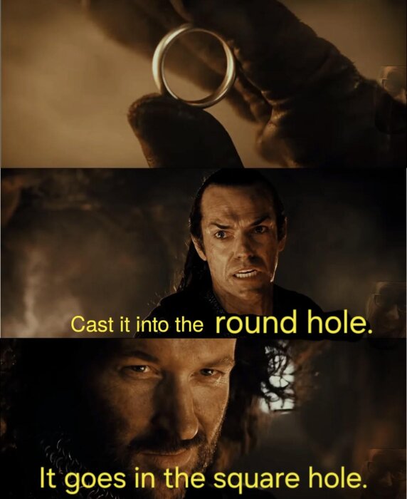 En hand håller en ring. Två män i en mörk miljö, den ena säger "Cast it into the round hole", den andra "It goes in the square hole".