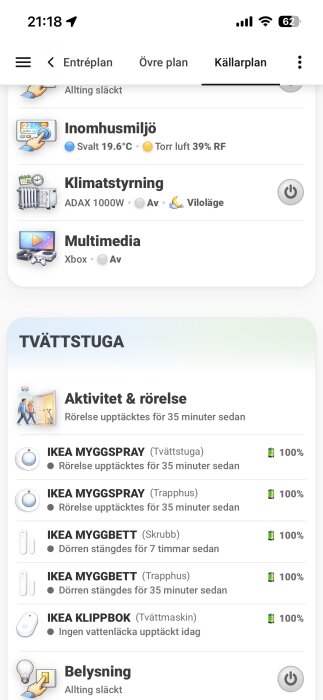 Skärmbild av en app med IKEA-produkter som myggspray, myggbett och klippbok, alla med 100% batteri och olika rörelse- och dörraktiviteter loggade.