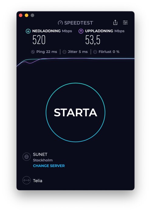 Skärmdump av ett speedtestresultat med nedladdningshastighet 520 Mbps och uppladdningshastighet 53,5 Mbps. Server: SUNET, Stockholm.