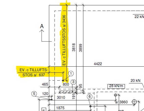 Ritning med markering av tilluftsstosområde, inklusive mått och noteringar för installation av skorstenspaket i tvåplanshus med betongpannor.