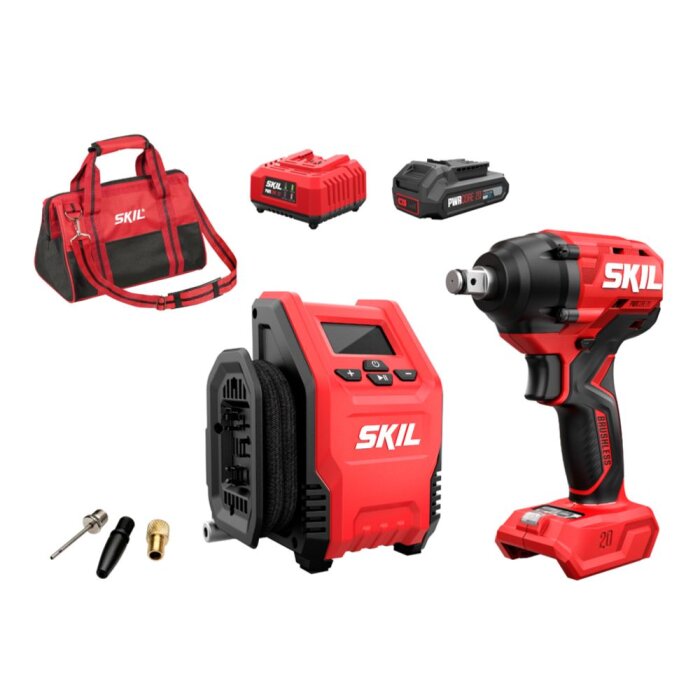 Skil däckbytarkit med röd skruvdragare, laddare, batterier, tillbehör och väska, allt i röd och svart design.