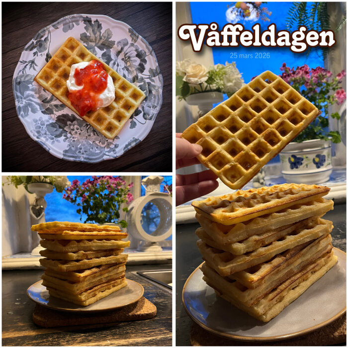Fyra bilder av våfflor, en med sylt och grädde på en tallrik och ett handhållet våffelstycke framför blommor, firar Våffeldagen 2026.