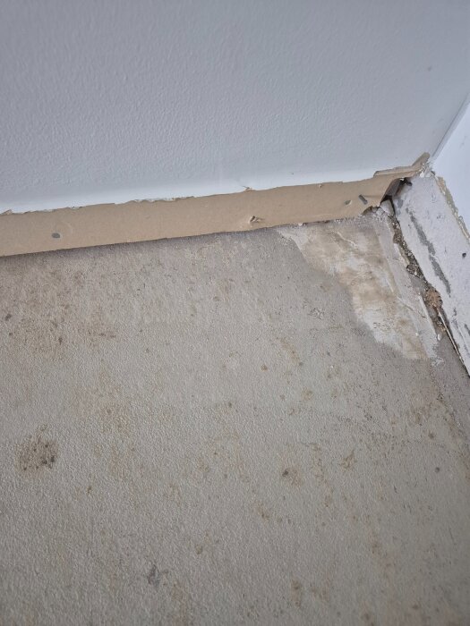 Betonggolv med borttagen korkmatta, spår av lim och en golvlist vid väggen. Väggen har synliga små skador nära golvlisten.