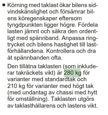 Instruktionsbok om bilens tillåtna taklast, 280 kg för standardtak; inkluderar säkerhetsråd vid körning med taklast.