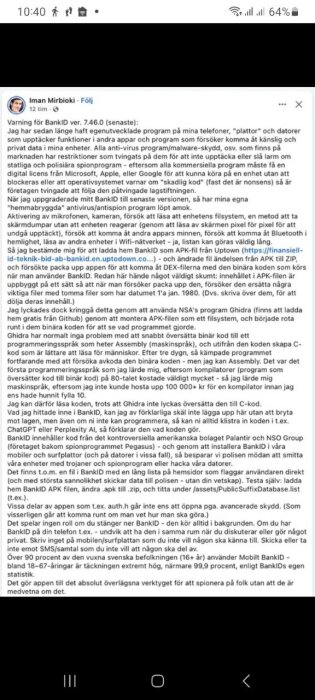 Skärmbild av ett långt Facebook-inlägg som varnar för BankID version 7.46.0 och påstår övervakning via programmet.