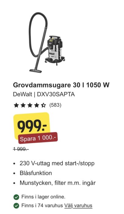 Grovdamsugare DeWalt DXV30SAPTA med slang och hjul, effekt 1050 W, pris nedsatt till 999 kr, 230V start/stopp, blåsfunktion, inkluderar munstycken.