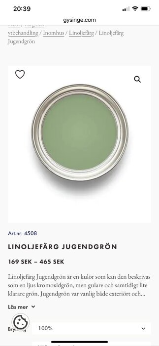 Burk med linoljefärg i nyansen Jugendgrön, en ljusare kromoxidgrön.