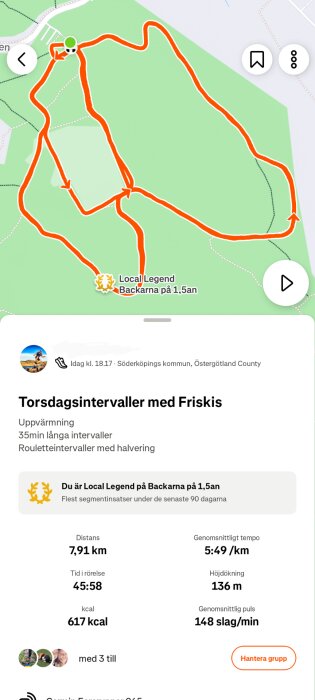 Karta över löprunda med Friskis, 7,91 km i Söderköpings kommun, 136 m höjdökning, 5:49/km tempo, 617 kcal förbrända, 148 slag/min puls.