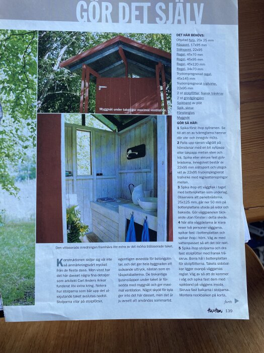 Tidningsartikel om att bygga ett utomhusskjul med bilder av färdig konstruktion och materiallista.