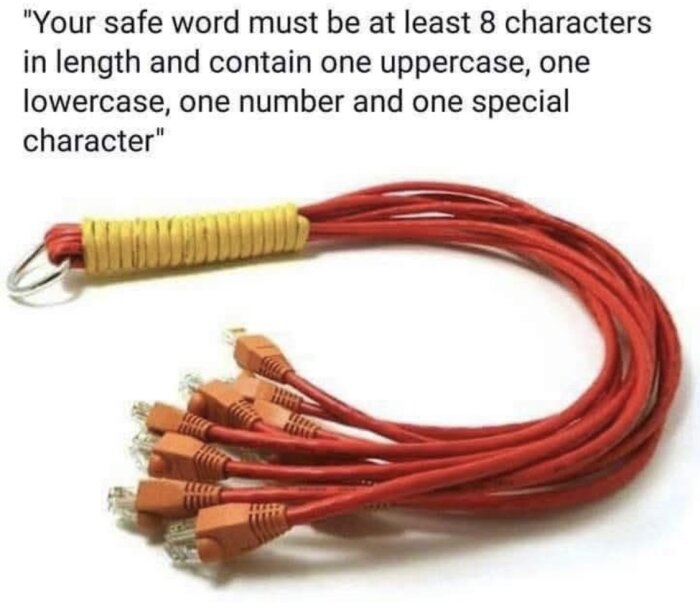 Sex röda nätverkskablar flätade som ett rep med RJ45-kontakter och gult band, text om komplexitet i säkerhetskoder ovanför.