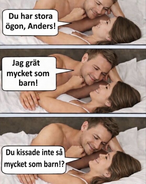 Ett par ligger i sängen och utbyter humoristiska kommentarer om barndomsvanor.