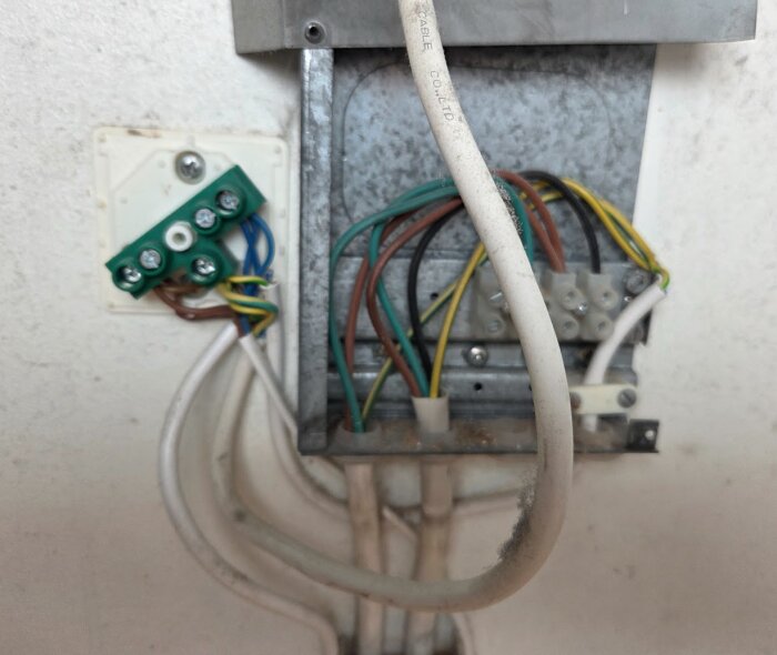 En gammal och oprofessionell elinstallation med flera kablar och kopplingar inklämda, och några kablar är ojordade.